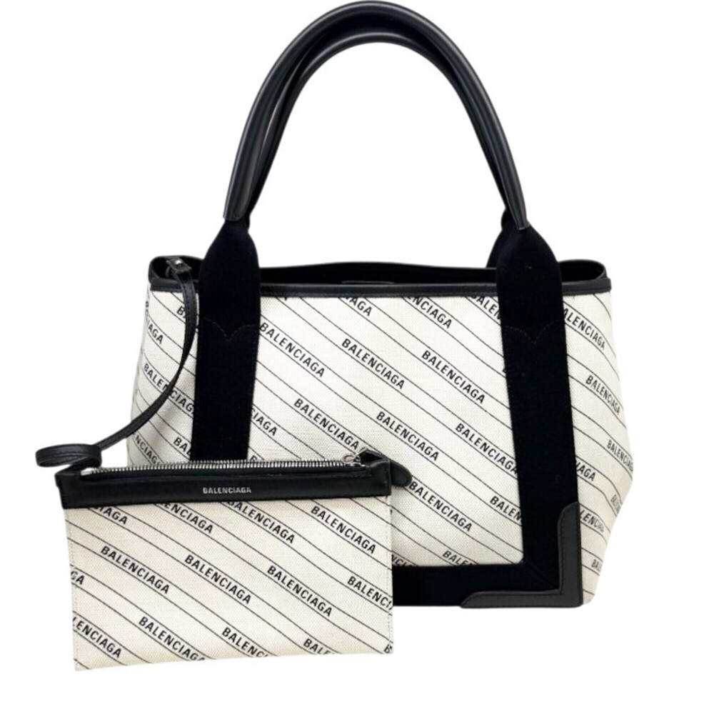 BALENCIAGA Balenciaga Navy Cabas S Canvas Ivory Black 339933 Handbag Leather ...